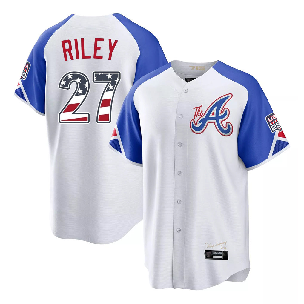 Atlanta Braves #27 Austin Riley Player White Jereymy USA 250 Fourth Of July City Connect Home Game Stitched Jerseys