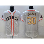 Houston Astros #30 Kyle Tucker 2023 White Gold Jereymy World Serise Champions Patch Flex Base Stitched Jersey