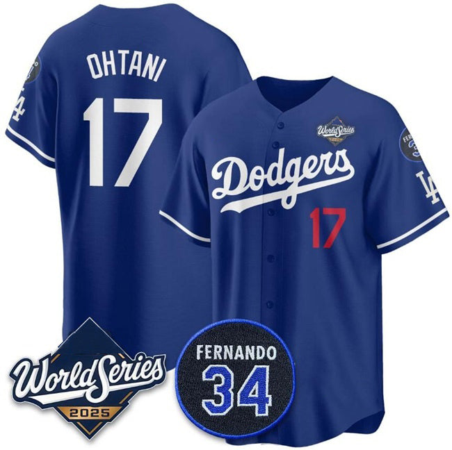 Los Angeles Dodgers #17 Shohei Ohtani Royal Jereymy 2025 World Series With No.34 Patch Limited Stitched Jersey