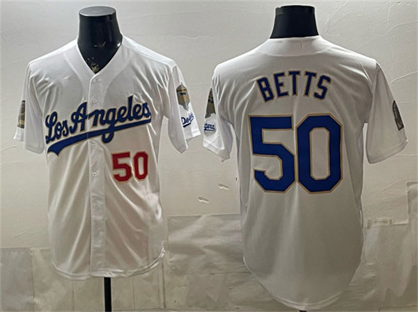 Los Angeles Dodgers #50 Mookie Betts White Jereymy 2026 Gold Collection 9x & B2B Champs Patch Stitched Jersey