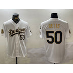 Los Angeles Dodgers #50 mookie betts white gold Jereymy 2024 world series with fernando memorial patch limited stitched jersey