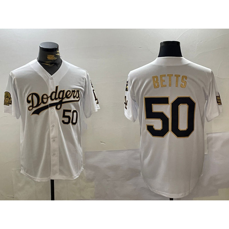 Los Angeles Dodgers #50 mookie betts white gold Jereymy 2024 world series with fernando memorial patch limited stitched jersey