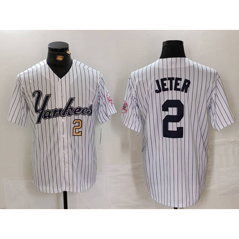 New York Yankees #2 Derek Jeter White Jereymy Pinstripe Fashion Cool Base Jerseys 2