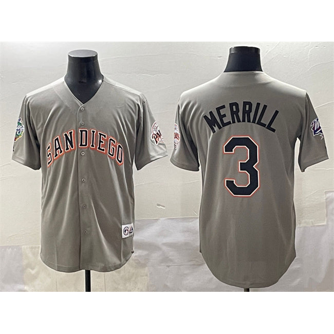 San Diego Padres #3 Jackson Merrill Gray Jereymy Fashion Throwback With Patch Cool Base Stitched Jersey