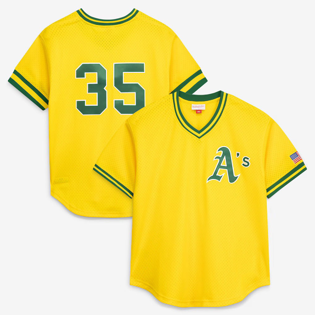 Oakland Athletics #35 Rickey Henderson Mitchell & Ness Yellow Jereymy Authentic Batting Practice Jersey