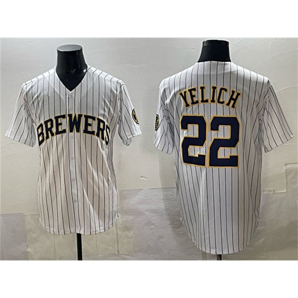 Milwaukee Brewers #22 Christian Yelich White Jereymy Pinstripe 2025 With Patch Stitched Jersey