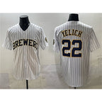 Milwaukee Brewers #22 Christian Yelich White Jereymy Pinstripe 2025 With Patch Stitched Jersey
