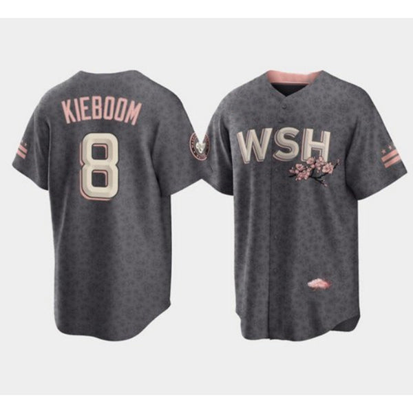 Washington Nationals #8 Carter Kieboom 2022 Grey Jereymy City Connect Cherry Blossom Cool Base Stitched Jersey