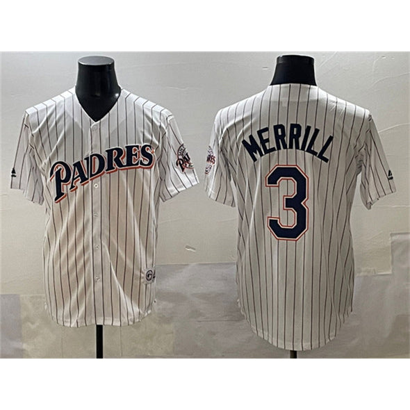 San Diego Padres #3 Jackson Merrill White Jereymy Throwback With Patch Cool Base Stitched Jersey