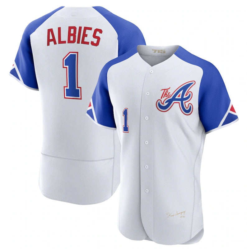 Atlanta Braves #1 Ozzie Albies White Jereymy 2023 City Connect Flex Base Stitched Jersey