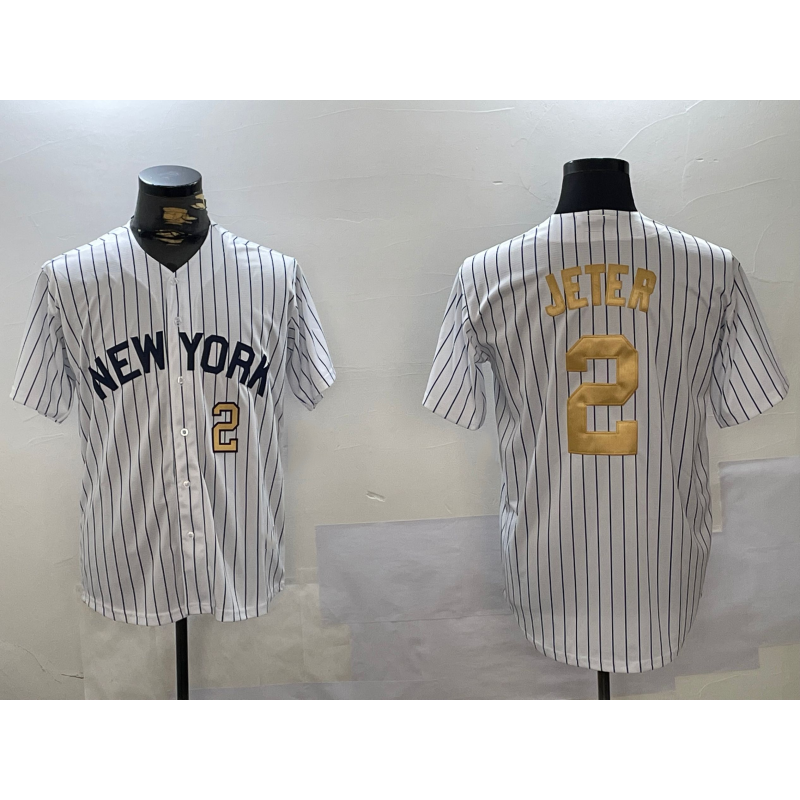 New York Yankees #2 Derek Jeter White Jereymy Pinstripe Fashion Cool Base Jerseys