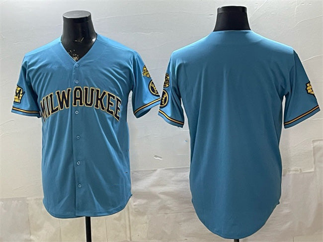 Milwaukee Brewers Blank Blue Jereymy With Home & Bob Uecker Patch Stitched Jersey