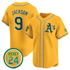 Oakland Athletics #9 Reggie Jackson Yellow Jereymy 2024 Limited With Rickey Henderson Patch Stitched Jersey
