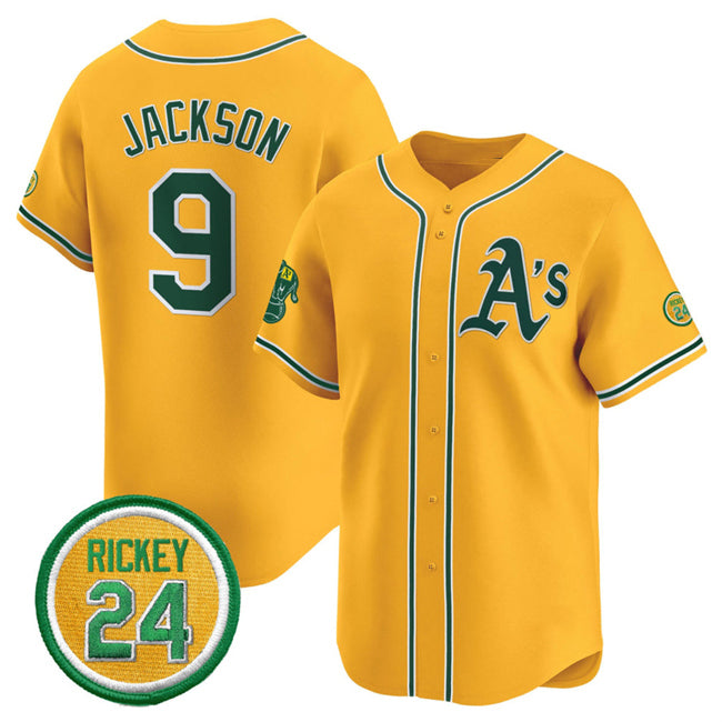 Oakland Athletics #9 Reggie Jackson Yellow Jereymy 2024 Limited With Rickey Henderson Patch Stitched Jersey
