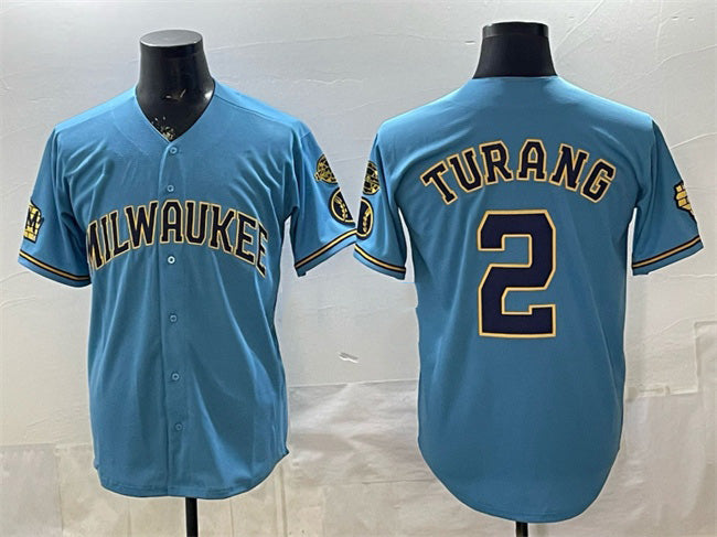 Milwaukee Brewers #2 Brice Turang Blue Jereymy With Home & Bob Uecker Patch Stitched Jersey