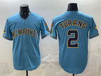 Milwaukee Brewers #2 Brice Turang Blue Jereymy With Home & Bob Uecker Patch Stitched Jersey