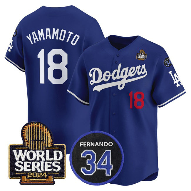 Los Angeles Dodgers #18 Yoshinobu Yamamoto Royal Jereymy 2024 World Series With Fernando Memorial Patch Limited Stitched Jersey