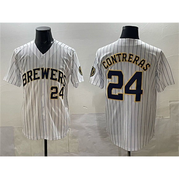 Milwaukee Brewers #24 William Contreras White Jereymy Pinstripe 2025 With Patch Stitched Stitched Jersey