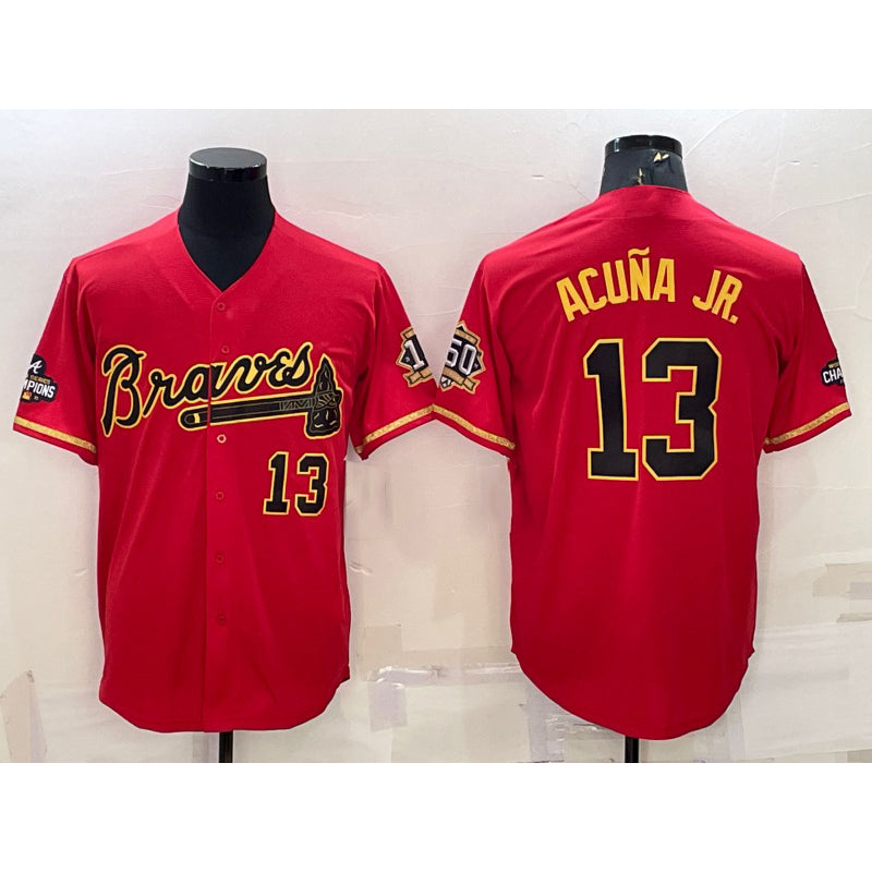 Atlanta Braves #13 Ronald Acuna Jr Red Gold Jereymy World Series Champions Program Cool Base Stitched Jersey