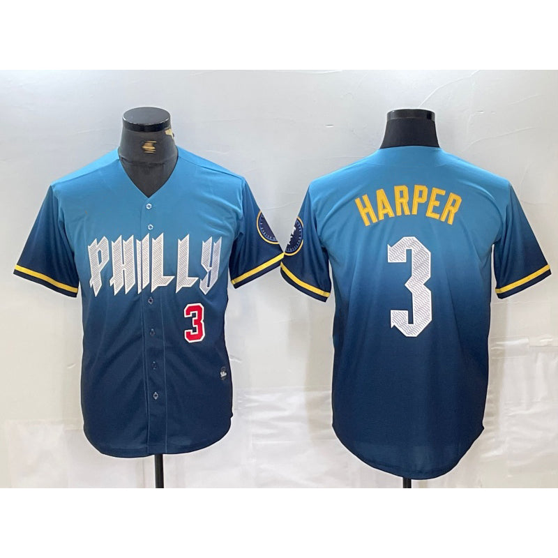 Philadelphia Phillies #3 Bryce Harper Number Blue Jereymy 2024 City Connect Limited Stitched Jersey 2