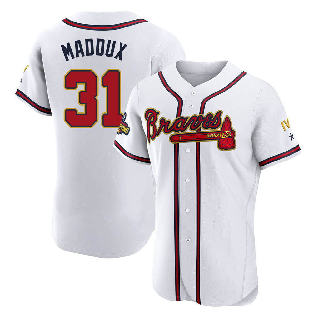 Atlanta Braves #31 Greg Maddux Player White Gold Jereymy Limited Elite Home Game Stitched Jerseys