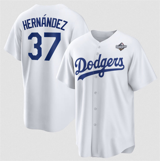 Los Angeles Dodgers #37 Teoscar Hern¨¢ndez White Jereymy 2025 World Series Home Cool Base Stitched Jersey