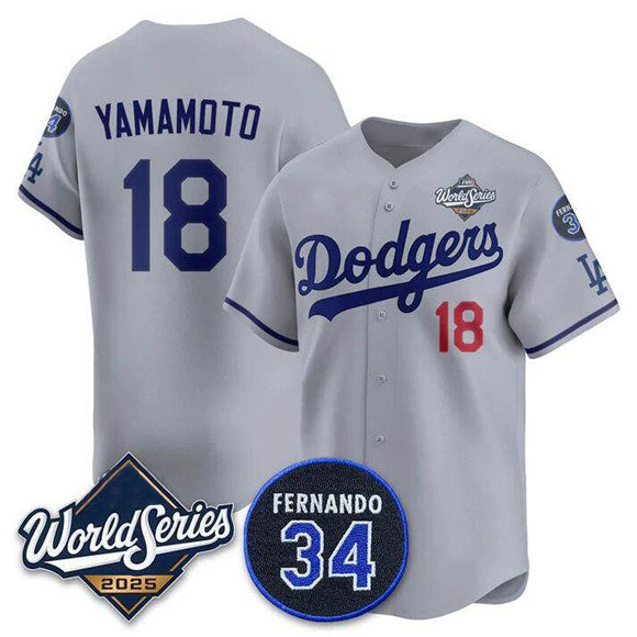 Los Angeles Dodgers #18 Yoshinobu Yamamoto Gray Jereymy 2025 World Series With No. 34 Patch Limited Stitched Jersey