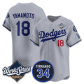 Los Angeles Dodgers #18 Yoshinobu Yamamoto Gray Jereymy 2025 World Series With No. 34 Patch Limited Stitched Jersey