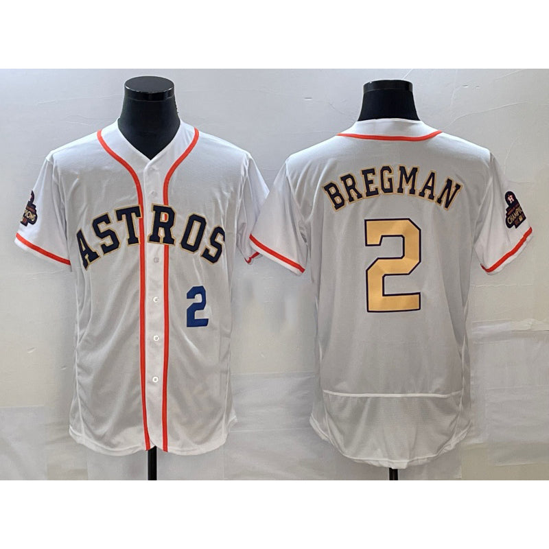 Houston Astros #2 Alex Bregman Number 2023 White Gold Jereymy World Serise Champions Patch Flex Base Stitched Jersey 3