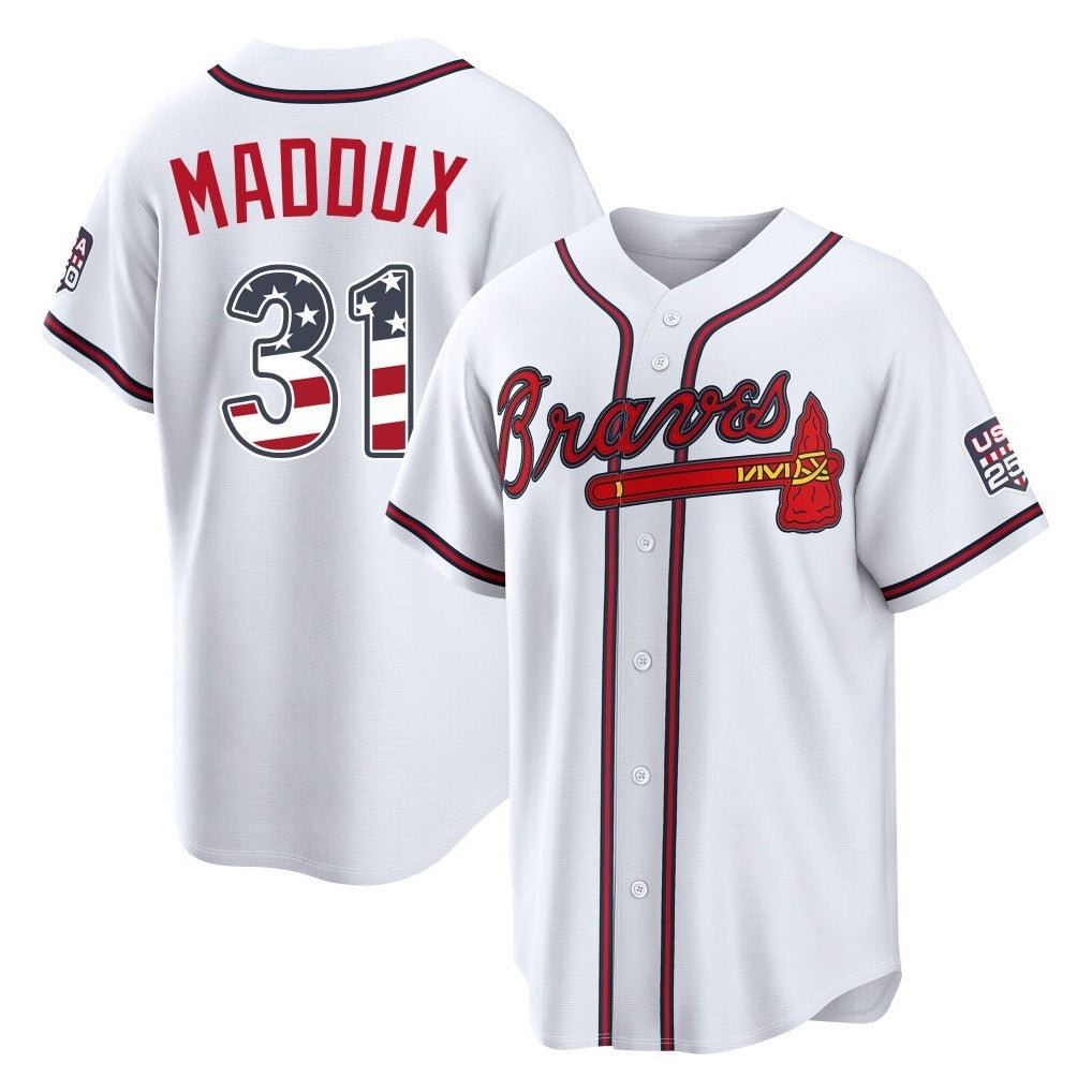 Atlanta Braves #31 Greg Maddux Player White Jereymy USA 250 Fourth Of July Limited Home Game Stitched Jerseys