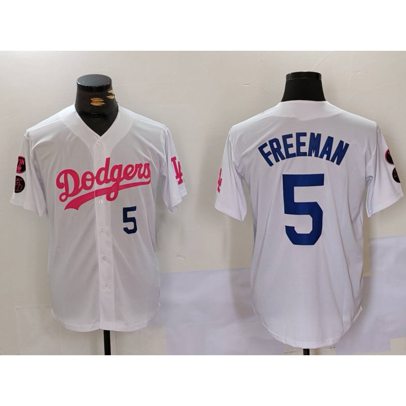 Los Angeles Dodgers #5 Freddie Freeman White Pink Jereymy Vin & Kobe Patch Stitched Jersey1
