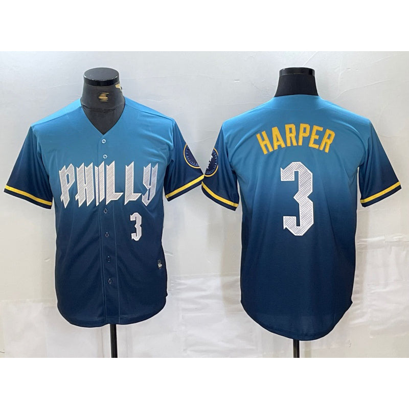 Philadelphia Phillies #3 Bryce Harper Number Blue Jereymy 2024 City Connect Limited Stitched Jersey