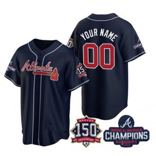 Custom Atlanta Braves Navy Jereymy Active Player 2021 World Series Chimpions With 150th Anniversary Cool Base Stitched Jersey
