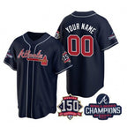Custom Atlanta Braves Navy Jereymy Active Player 2021 World Series Chimpions With 150th Anniversary Cool Base Stitched Jersey