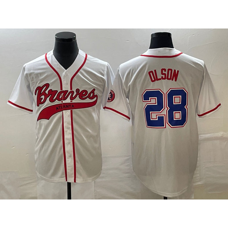 Atlanta Braves #28 Matt Olson White Jereymy Cool Base With Patch Stitched Jersey 2