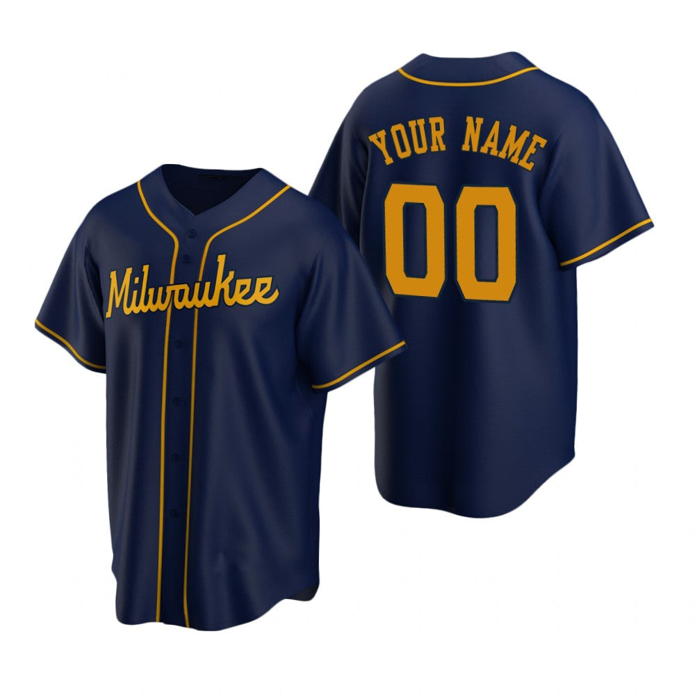 Custom Milwaukee Brewers Navy Jereymy Stitched Cool Base Jersey