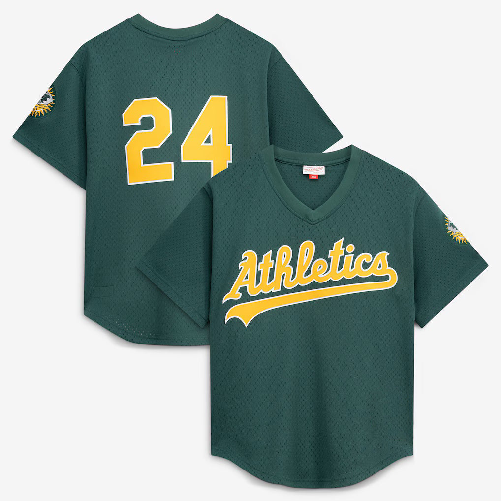 Oakland Athletics #24 Rickey Henderson Mitchell & Ness Green Jereymy Authentic Batting Practice Jersey