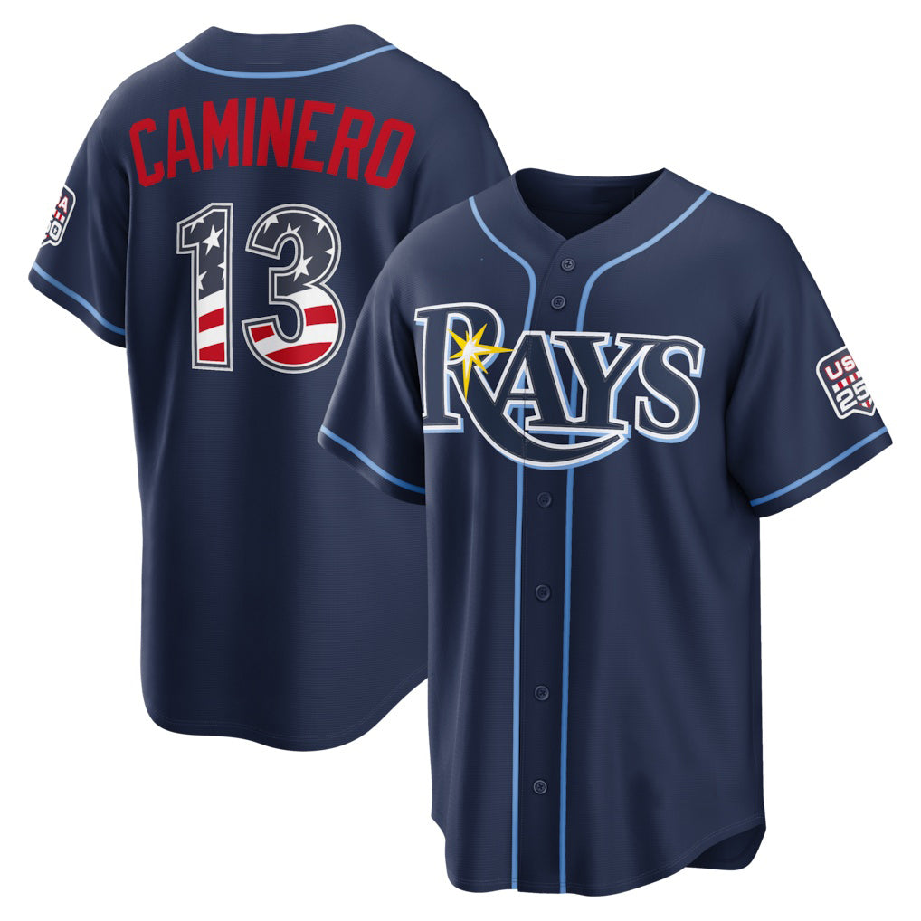 Tampa Bay Rays #13 Junior Caminero USA 250 Fourth of July Road Stadium Jersey - Navy Jereymy