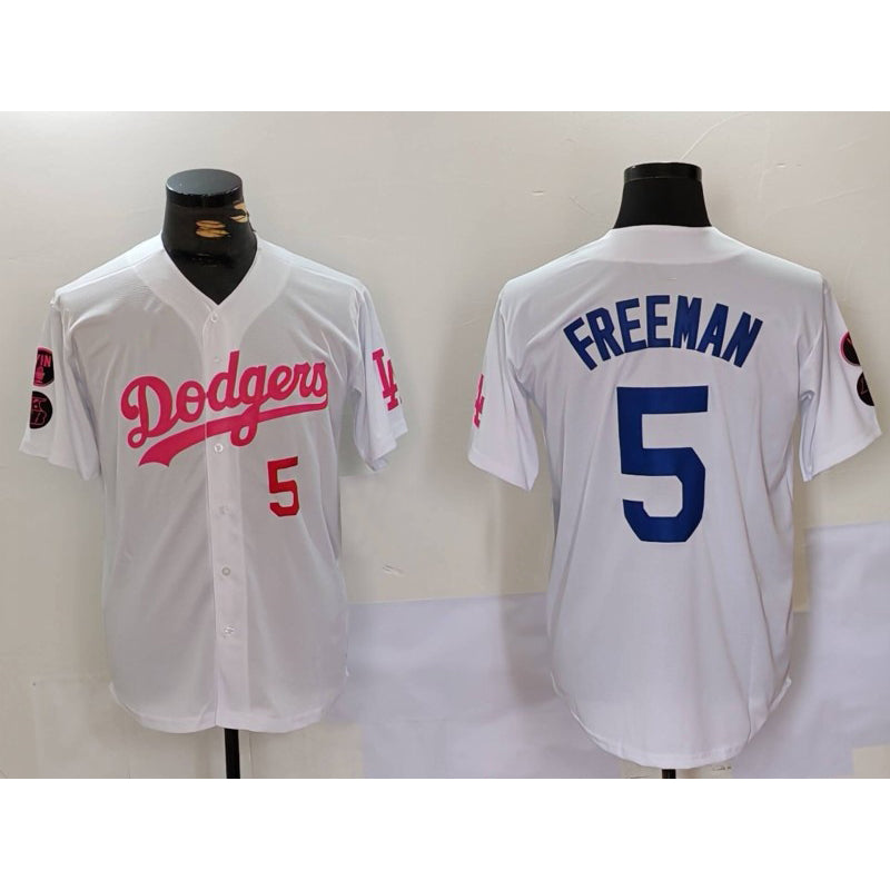 Los Angeles Dodgers #5 Freddie Freeman White Pink Jereymy Vin & Kobe Patch Stitched Jerseys