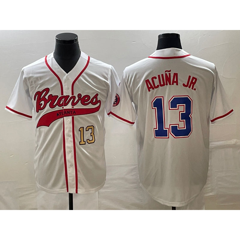 Atlanta Braves #13 Ronald Acuna Jr Number White Jereymy Cool Base With Patch Stitched Jersey