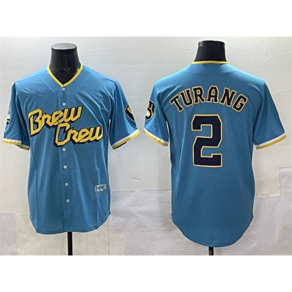 Milwaukee Brewers #2 Brice Turang Powder Blue Jereymy City Connect Cool Base Stitched Jersey