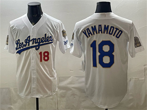Los Angeles Dodgers #18 Yoshinobu Yamamoto White Jereymy 2026 Gold Collection 9x & B2B Champs Patch Stitched Jersey
