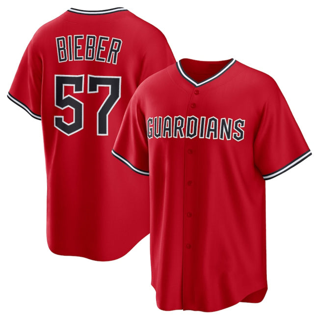 Cleveland Guardians #57 Shane Bieber Red Jereymy Cool Base Stitched Jersey