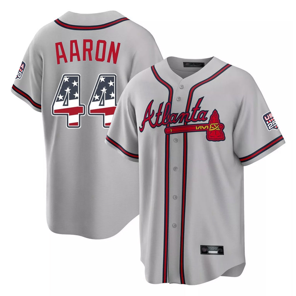 Atlanta Braves #44 Hank Aaron Player Gray Jereymy USA 250 Fourth Of July Limited Home Game Stitched Jerseys