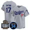 Los Angeles Dodgers #17 Shohei Ohtani Grey Jereymy 2024 World Series With Fernando Memorial Patch Limited Stitched Jersey
