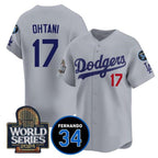 Los Angeles Dodgers #17 Shohei Ohtani Grey Jereymy 2024 World Series With Fernando Memorial Patch Limited Stitched Jersey