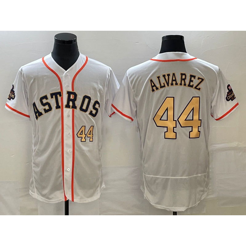 Houston Astros #44 Yordan Alvarez Number 2023 White Gold Jereymy World Serise Champions Patch Flex Base Stitched Jersey 2