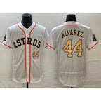 Houston Astros #44 Yordan Alvarez Number 2023 White Gold Jereymy World Serise Champions Patch Flex Base Stitched Jersey 2