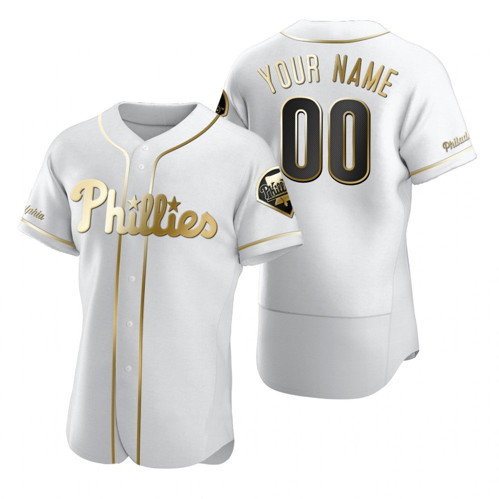 Custom Philadelphia Phillies White Jereymy Stitched Flex Base Golden Edition Jersey