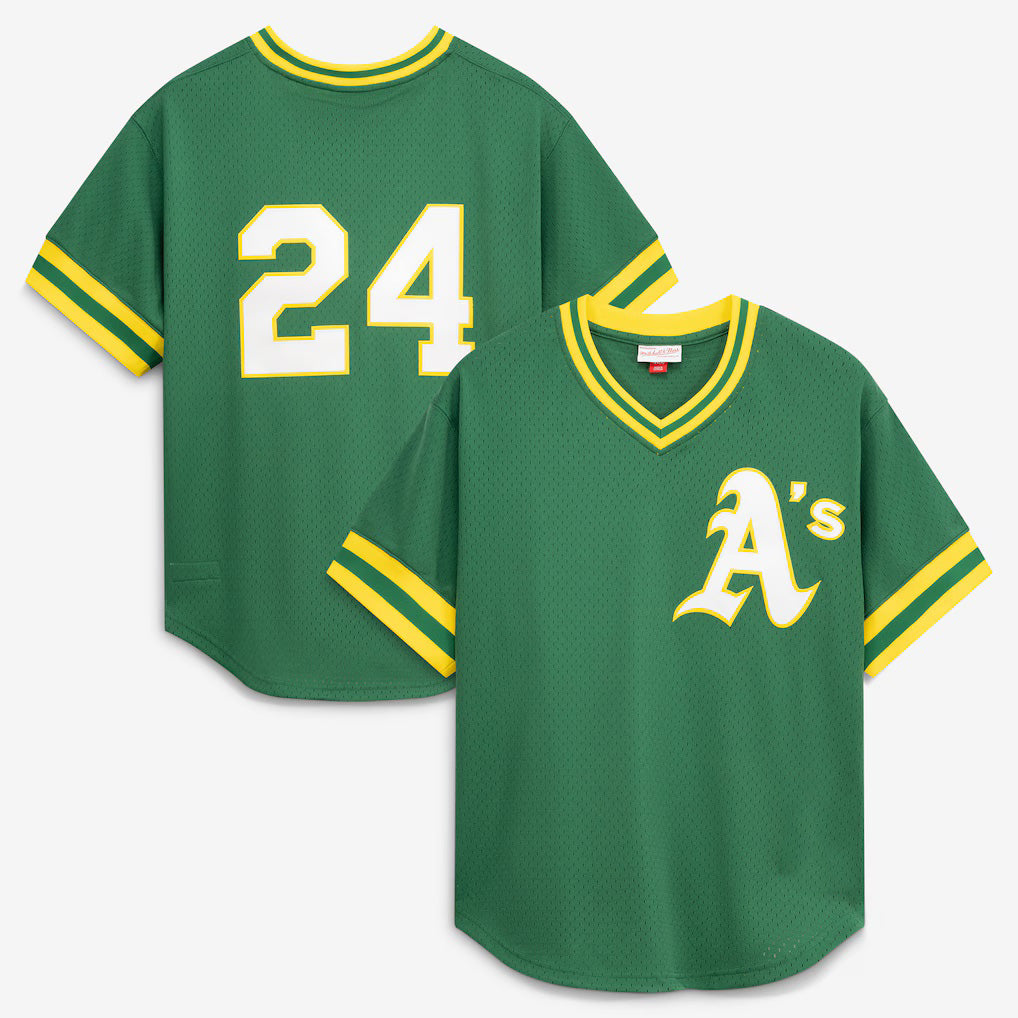 Oakland Athletics #24 Rickey Henderson Mitchell & Ness Green Jereymy Authentic Batting Practice Jersey 2